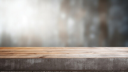 Rustic Charm: Old Wood Table Against a Blurred Concrete Wall in Room
