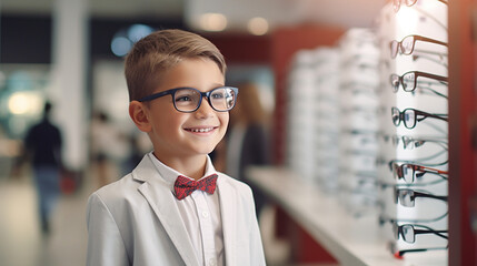 Clear Sight Ahead: Ophthalmologist and Happy Boy Selecting Glasses in Optics Store