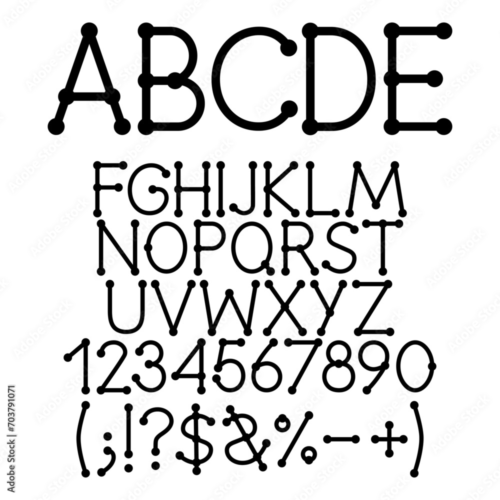 Poster black alphabet, numbers and signs with from lines and dots. isolated vector objects on white backgro