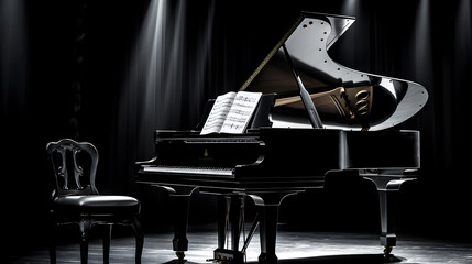 A grand piano in an empty concert hall, spotlight hitting on the glossy black finish of piano,...