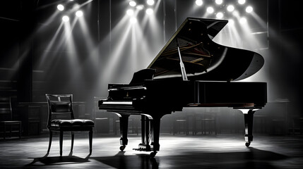 A grand piano in an empty stage concert hall