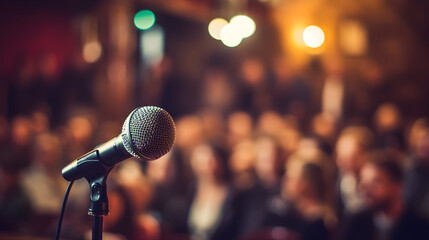 A microphone kept in front of an audience. Music and theater live performance
