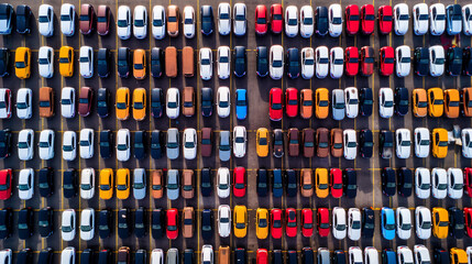 Car and manufacturing industry. Aerial view above new cars ready for export.
