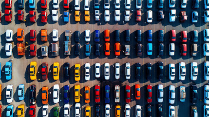 Car and manufacturing industry. Aerial view above new cars ready for export.