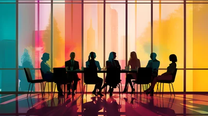 Foto op Plexiglas Silhouettes of several people in a meeting room along with a colorful window behind them © Trendy Graphics