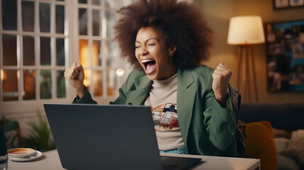 Excited happy african american woman feeling excited, rejoicing online win got new job opportunity