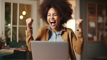 Excited happy african american woman rejoicing new job opportunity