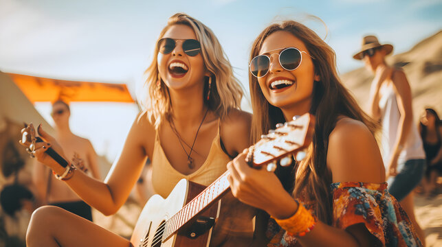 Group of friends enjoying great time in music festival in the summer, Happy girlfriends, Summer holiday, hipster girls vacation