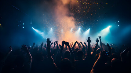 Fototapeta na wymiar Live night club crowd cheering with hands raised