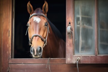 bay horse smiling near stable window pane