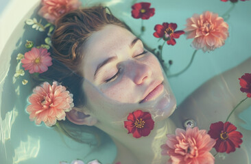 a young woman relaxing in a tub with rose petals