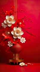Chinese New Year 2024 year concept of the flowers, mandarins, festival decorations on red background. Flat lay, top view.