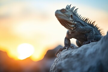 silhouette of an iguana on a rock at sunset