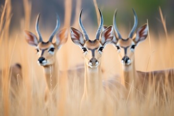 group of impalas alert, ears pricked, at dusk - obrazy, fototapety, plakaty