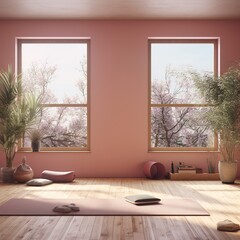 Modern home yoga studio interior with large windows overlooking cherry blossom trees
