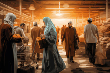 Illustration of Turkish people receiving groceries in a store