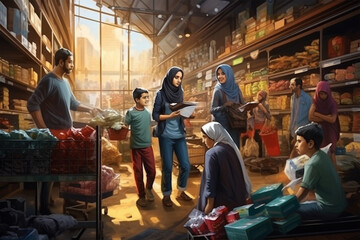 Illustration of Arab people receiving groceries in a store