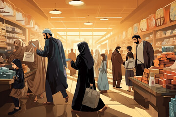 Turkish store illustration, people shopping