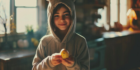 Teenager in a bunny hoodie, holding an Easter egg triumphantly