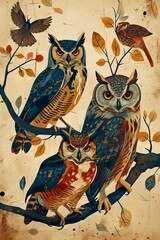 Owls vintage retro illustration