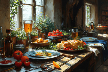 view on wooden table with full of food, ready for dinner, vintage village style setted