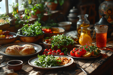view on wooden table with full of food, ready for dinner, vintage village style setted