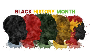 Black history month vector illustration with text. Side view on 4 head profile of african american people in pan african flag colors. 