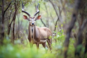 kudu bull standing alert in dense bush