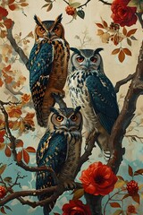 Owls vintage retro illustration