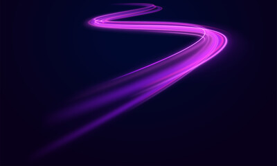 Purple and blue glowing wave swirl, impulse cable line. Abstract vector neon wave. Cyberpunk light trails in motion or light slow shutter effect. Bright sparkling background. Laser beams