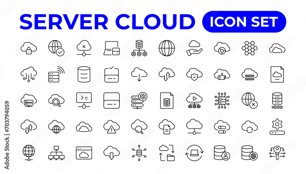 Poster set of line icons related to cloud computing, cloud services, server, cyber security, digital transf