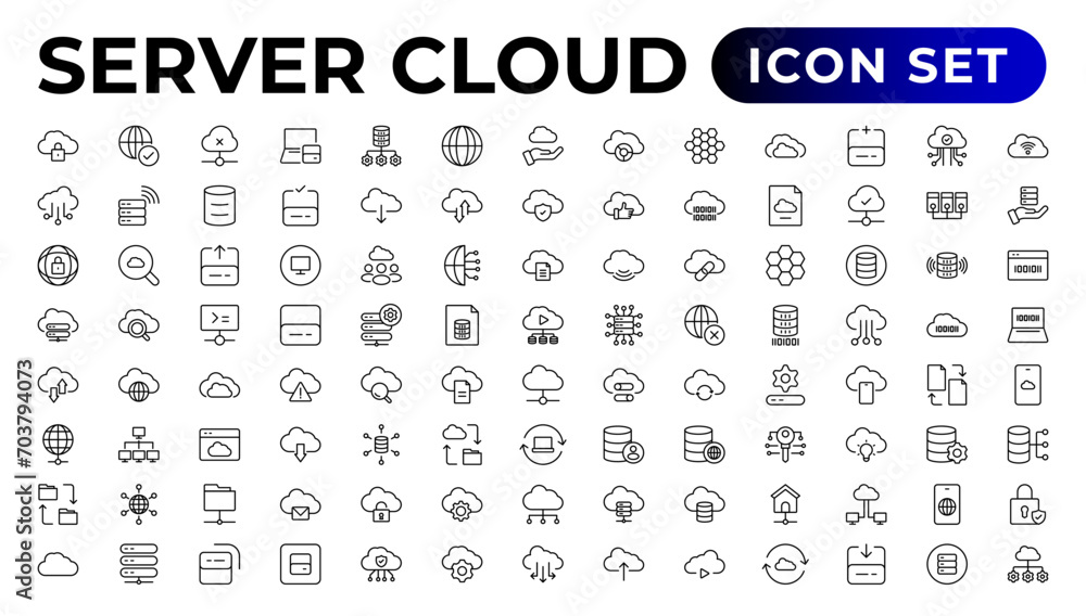 Poster set of line icons related to cloud computing, cloud services, server, cyber security, digital transf