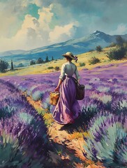 Woman in lavender field vintage