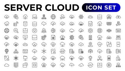 Set of line icons related to cloud computing, cloud services, server, cyber security, digital transformation. Outline icon collection. - obrazy, fototapety, plakaty