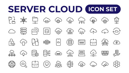 Set of line icons related to cloud computing, cloud services, server, cyber security, digital transformation. Outline icon collection.