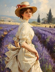 Woman in lavender field vintage