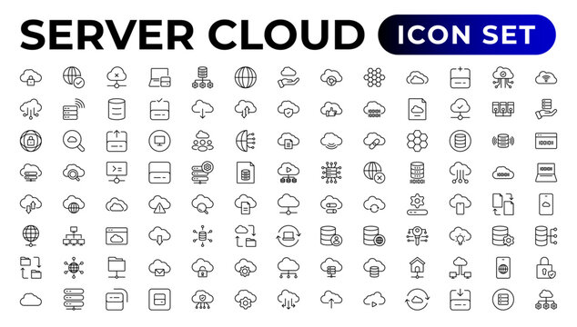 Set of line icons related to cloud computing, cloud services, server, cyber security, digital transformation. Outline icon collection.