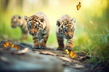 trio of cubs stalking a fluttering butterfly - obrazy, fototapety, plakaty