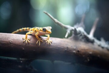leopard gecko stalking an insect on a branch