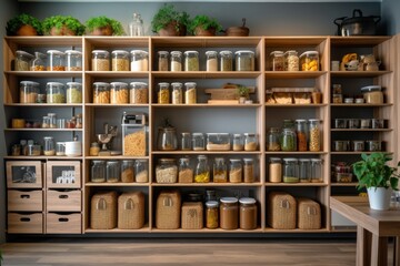 home storage area organize management home interior design pantry shelf and storage for store food and stuff in kitchen home design - obrazy, fototapety, plakaty