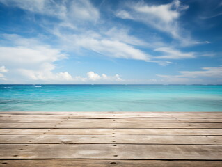Wooden dock over calm ocean with bright blue sky and white clouds - obrazy, fototapety, plakaty