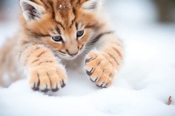 fluffy lynx paw pressing into deep snow