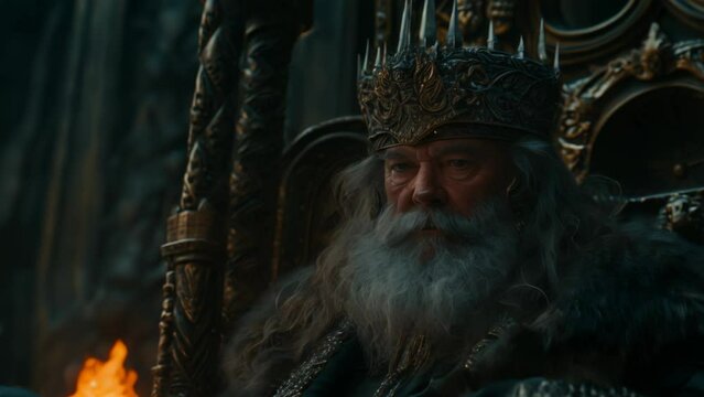 An old fantasy king with a huge grey beard sitting on an iron throne in a palace close-up animation