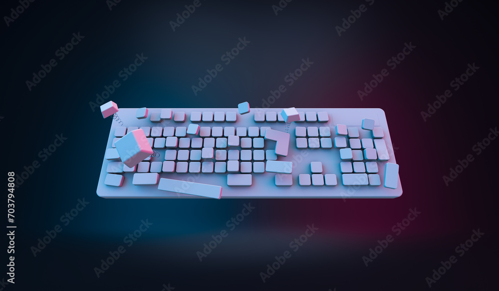Aufkleber 3d rendering, close up white empty keyboard mock up with neon light reflection, black color backgrou