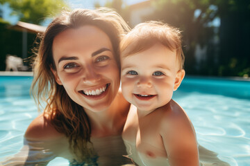 Fototapeta na wymiar Portrait of smiling mother and her baby in swimming pool in sunny day, happy family summer vacation joyful and optimistic atmosphere. Generative AI