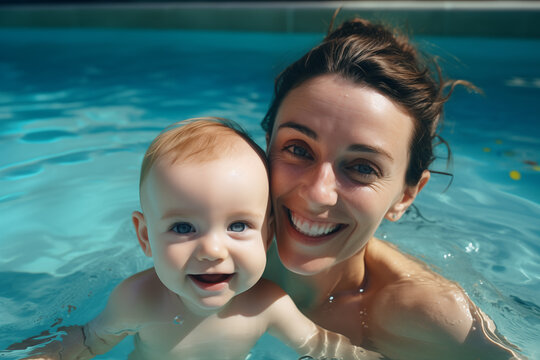 Portrait of smiling mother and her baby in swimming pool in sunny day, happy family summer vacation joyful and optimistic atmosphere. Generative AI