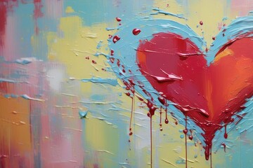Closeup of abstract painting of red heart with oil or acrylic brushstroke and dripping color, pallet knife paint on mint blue canvas texture background, love