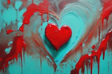 Closeup of abstract painting of red heart with oil or acrylic brushstroke and dripping color, pallet knife paint on mint blue canvas texture background, love - obrazy, fototapety, plakaty