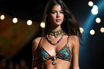 a beautiful model in bikini walking on the runway of a fashion show