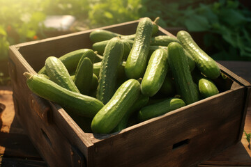 Wooden box with cucumbers under the rays of the sun, autumn harvest. AI generative.